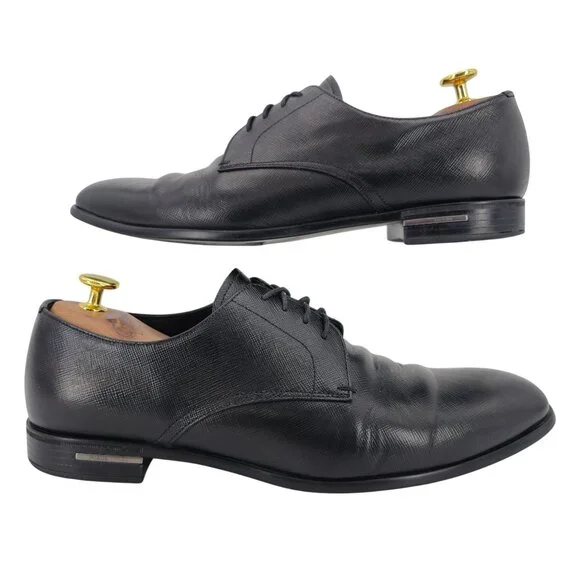Prada Italian Saffiano Black Leather Dress Shoes Mens 8.5 Luxury Formal Oxfords - Picture 4 of 14
